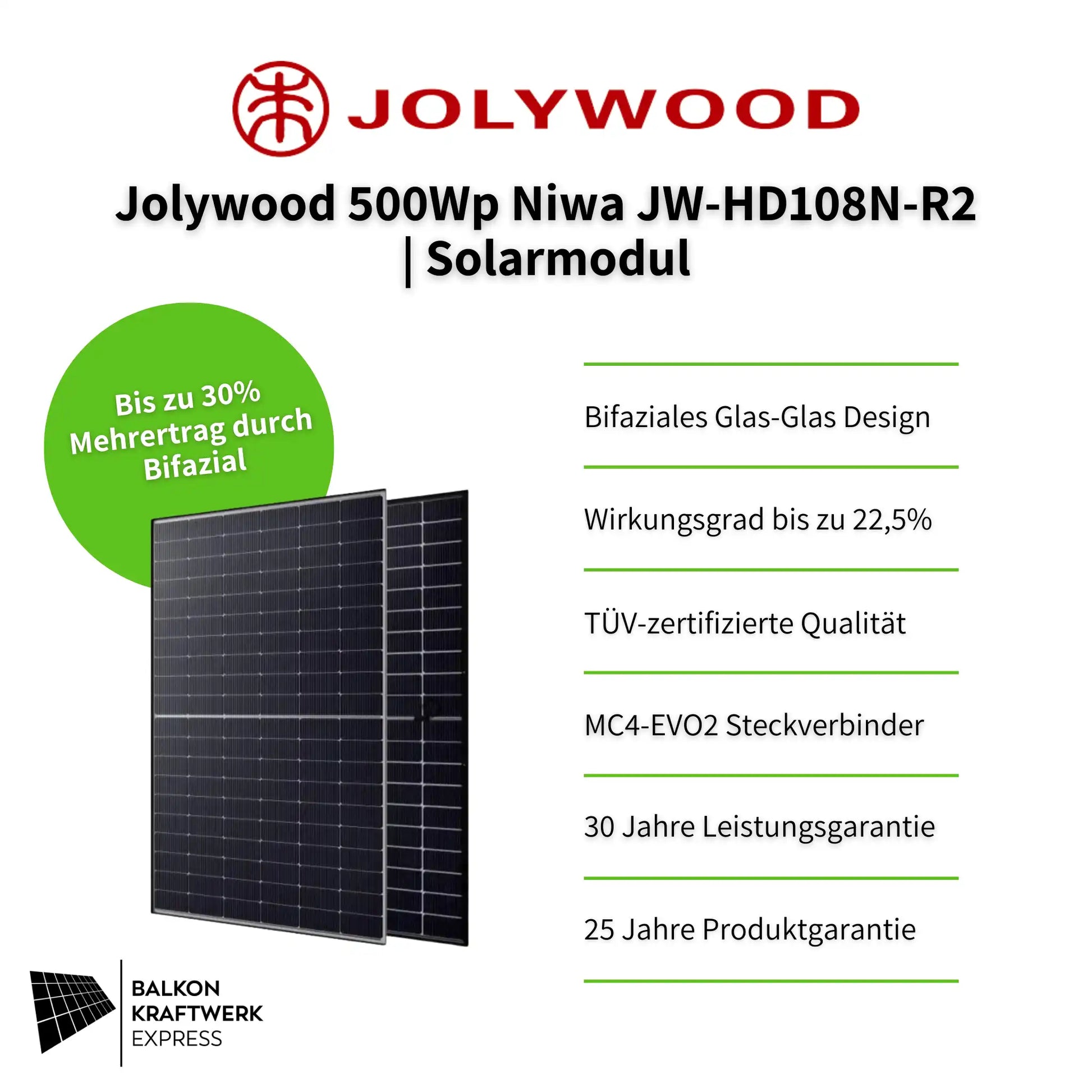 Jolywood 500Wp Niwa JW-HD108N-R2 Glas-Glas Bifazial Fullblack Solarmodul